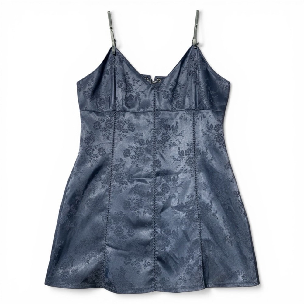 Vintage Y2K Victoria’s Secret Blue Satin Corset Mini Dress Lace Up Slip Medium